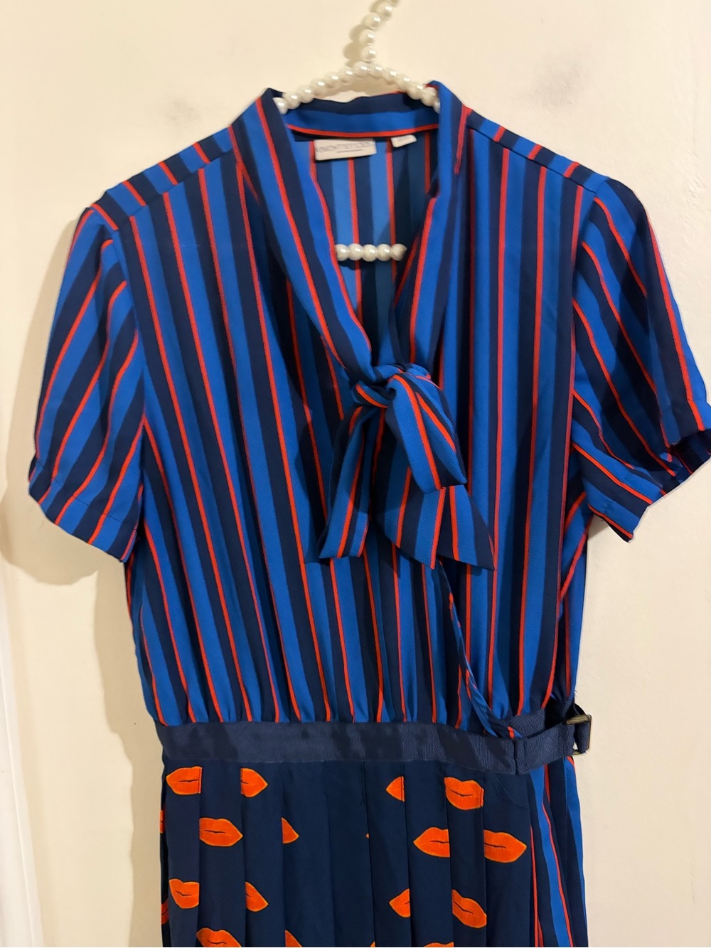 New York & Company Navy and Orange Striped & Pleated Midi Dress - Picture 4 of 15